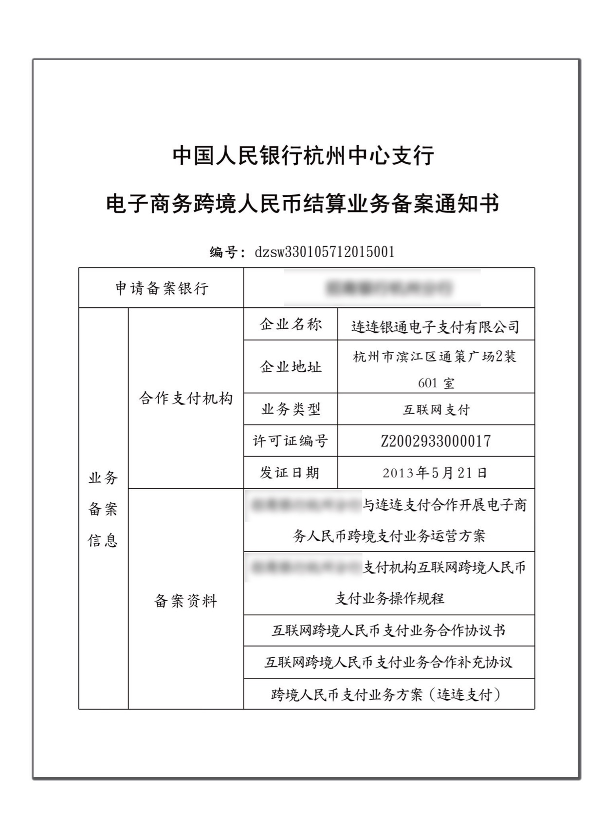 Cross-border RMB settlement business filing